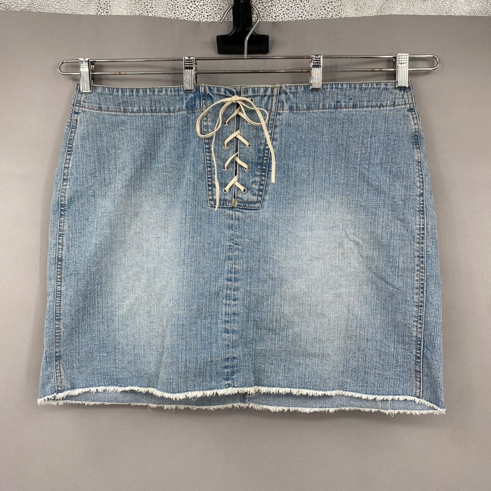 Vtg Venezia Jeans Lace Up Denim Mini Skirt Womens 18 Light Wash Y2K Frayed Hem